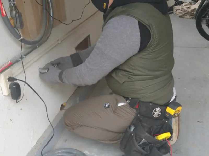 Electrician performing outlet wiring in a Mount Clemens garage